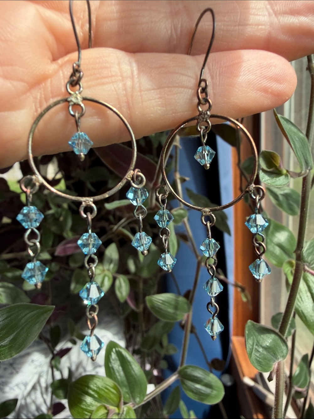 Blue Crystal Hoop Dangle Earrings